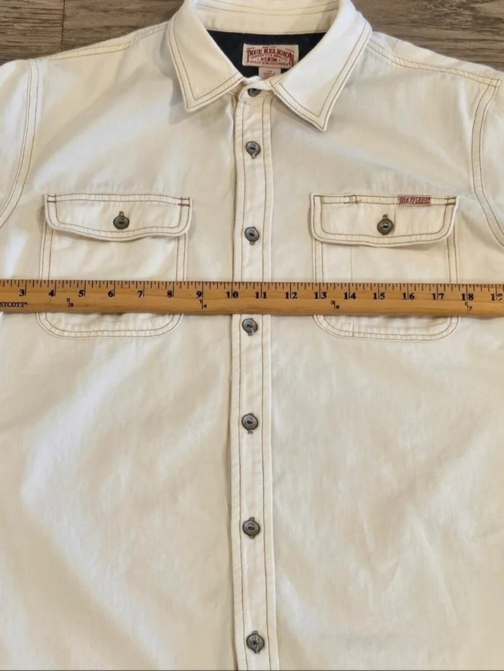 True Religion Button-Down Denim Work Shirt - Cream White - Size Large